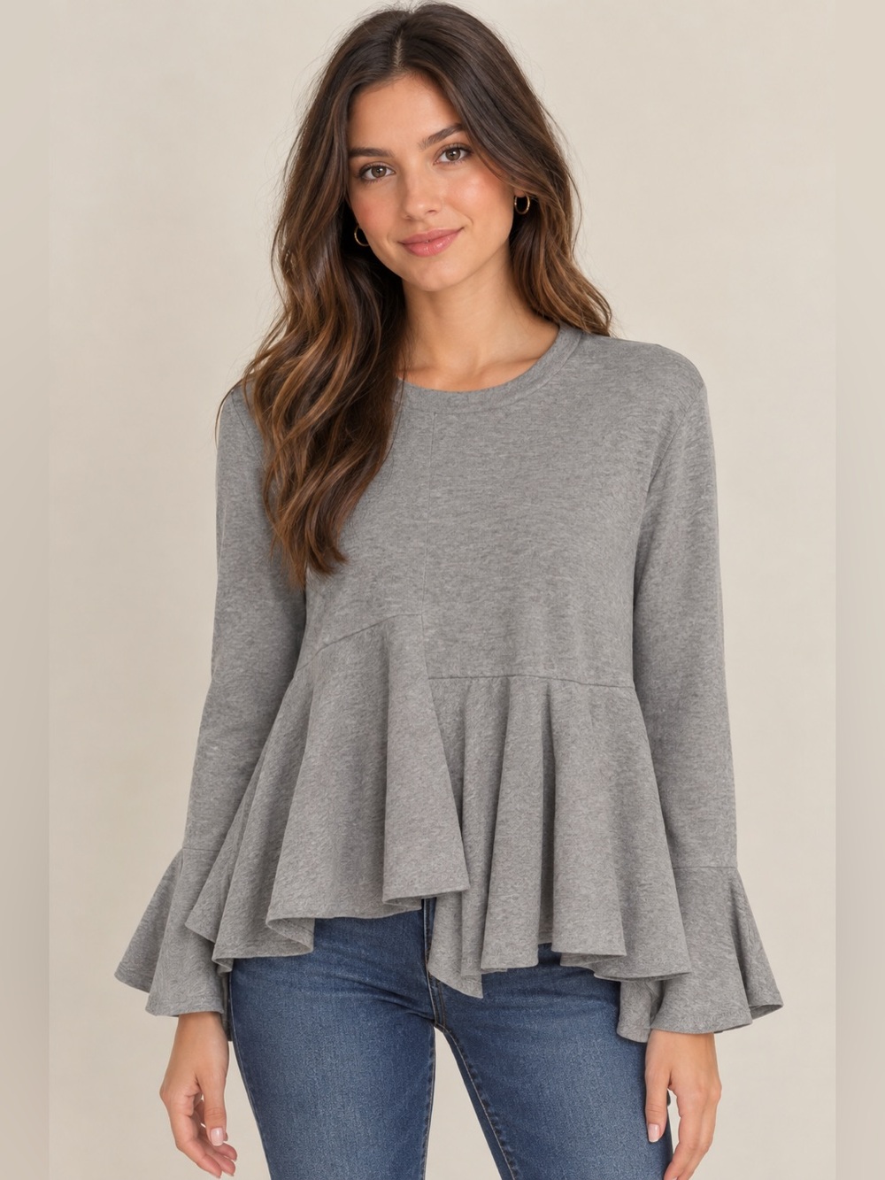 Geon J Ruffled Peplum Long Sleeve Top
